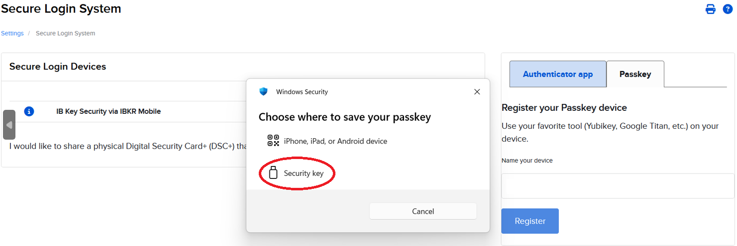 Select Security Key for Windows in Portal
